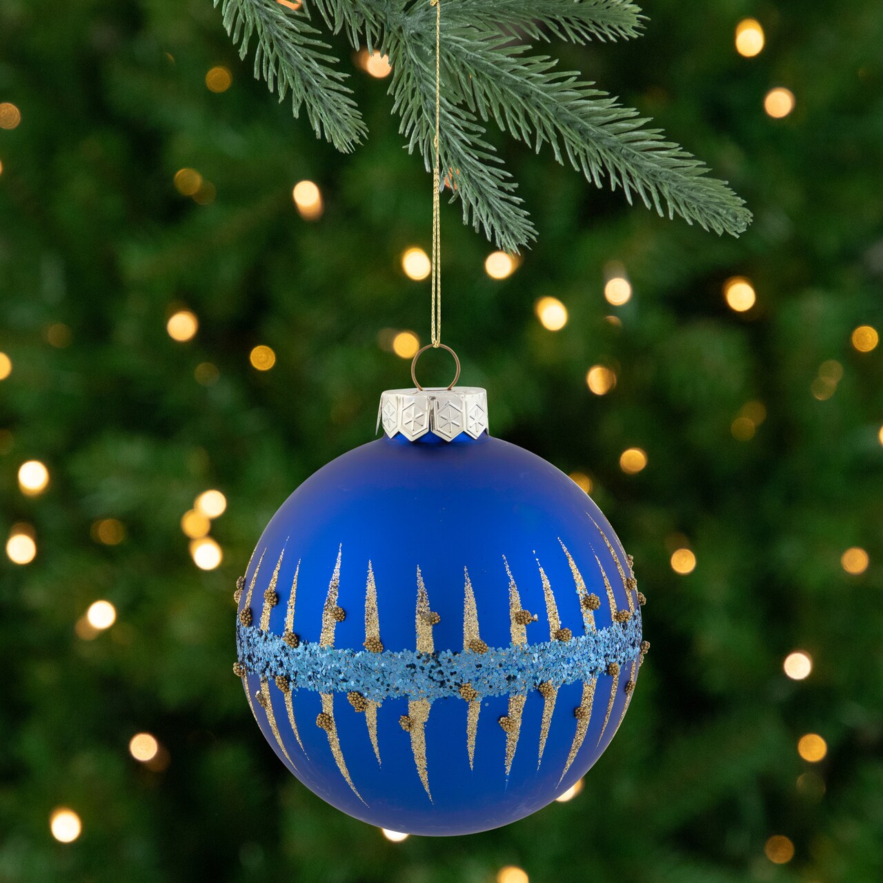 Northlight 4" Blue and Gold Glitter Glass Ball Christmas Ornament
